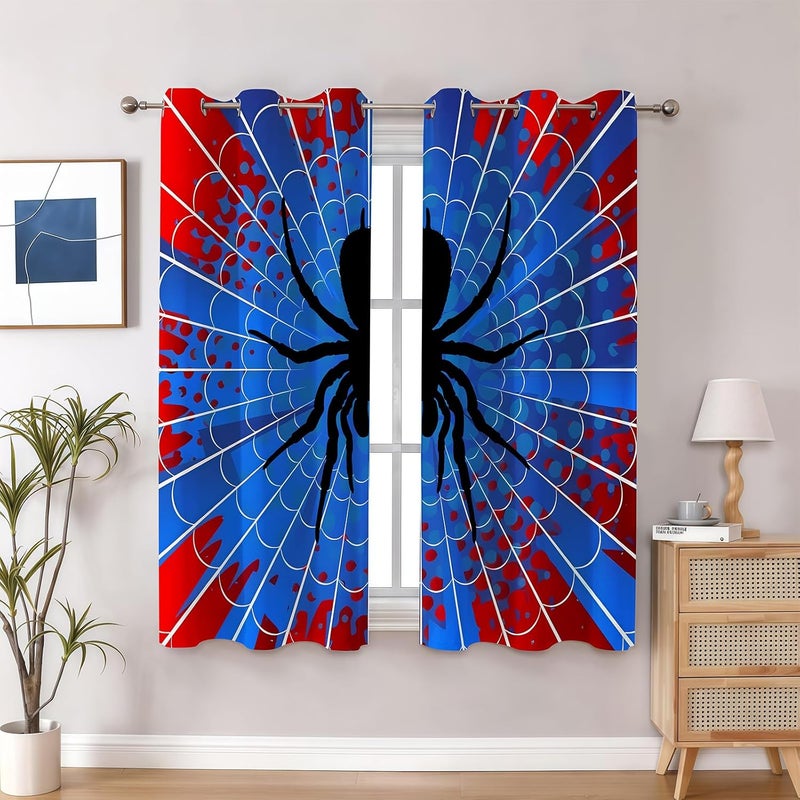 OSUNBD Spider Web Curtains - Blue & Red Superhero Design - Blackout Thermal Insulated Drapes for Kids Room, Bedroom, Living Room - 52 x 63 Inches, 2 Panels - Image 1